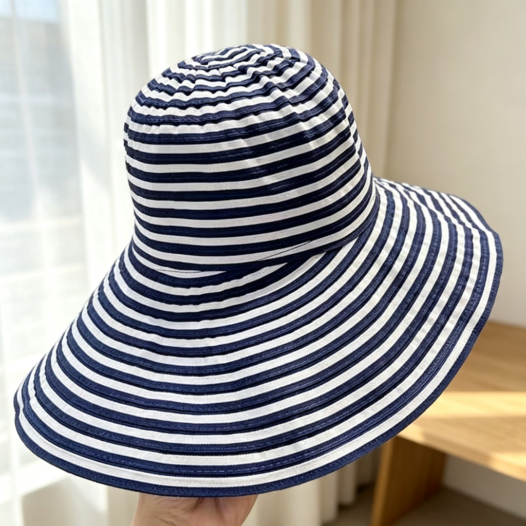 Striped Wide-Brim Bucket Hat for Women