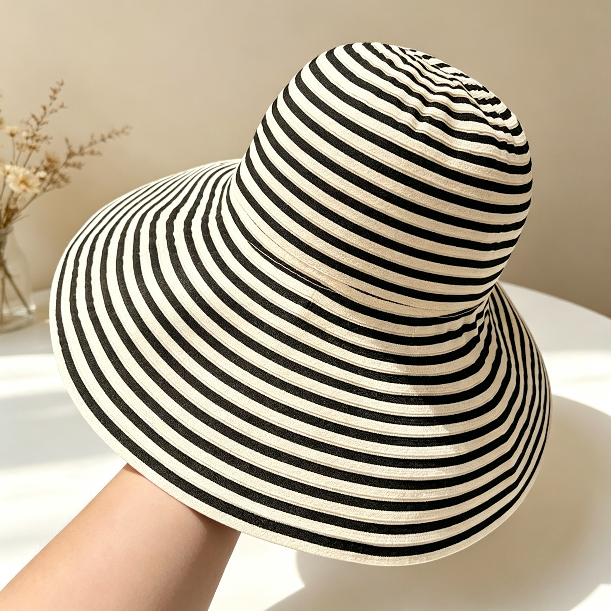 Striped Wide-Brim Bucket Hat for Women